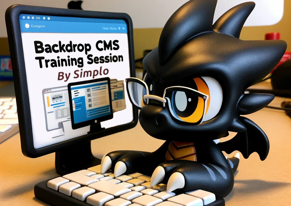 Cartoonish black dragon at keyboard of a desktop computer. The screen reads "Backdrop CMS Training Session."